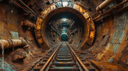 Rusty tunnel with train tracks leading to light at the end.