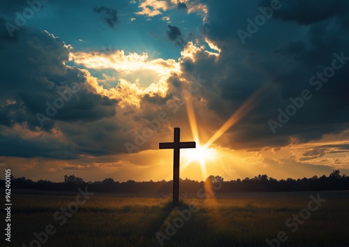 Hilltop cross with epic sunlight against a dramatic sky, sunbeams piercing through clouds