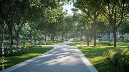 Urban Oasis, a vibrant city park with lush greenery, inviting bicycle lanes, open spaces for relaxation, surrounded by urban architecture, promoting a healthy lifestyle.