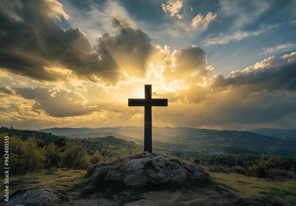 Hilltop cross with epic sunlight against a dramatic sky, sunbeams piercing through clouds Hilltop cross with epic sunlight against a dramatic sky, sunbeams piercing through clouds