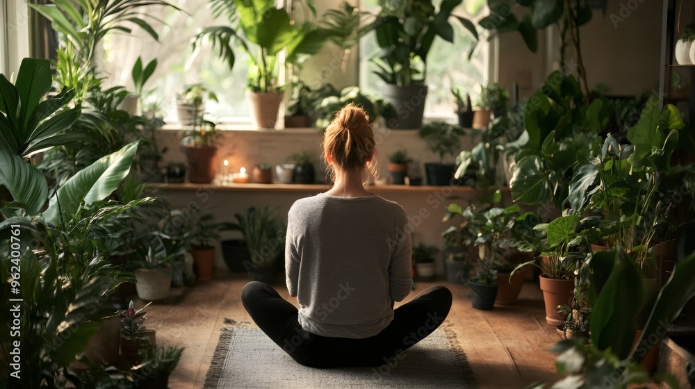 Woman sitting in lotus position on a rug surrounded by plants in front of a window. Woman sitting in lotus position on a rug surrounded by plants in front of a window.
