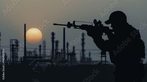 A soldier silhouetted against the setting sun takes aim with a rifle, set against a backdrop of industrial structures. The image captures the tension and seriousness of military operations in