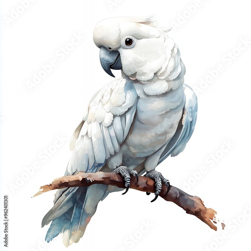 A white cockatoo sits on a branch with its head turned to the side. photo