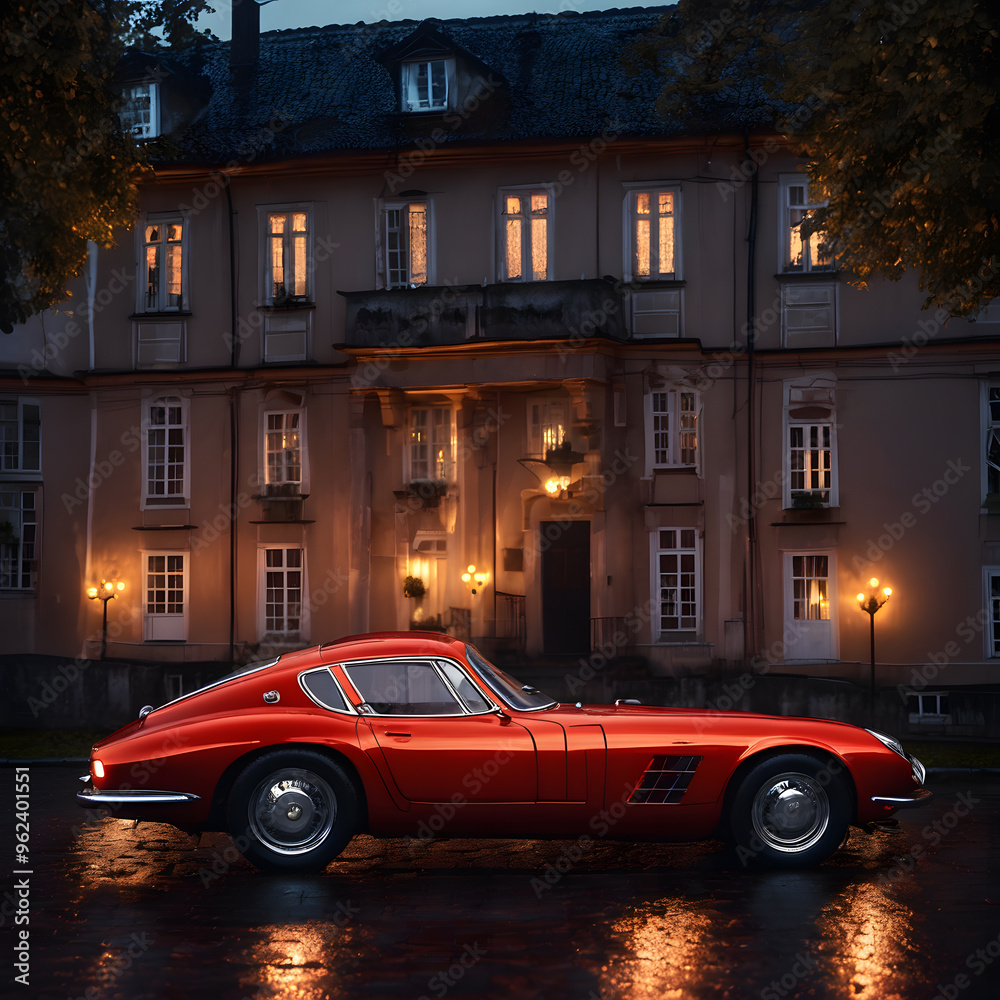 Ein leuchtend rotes Sportwagencoupé mit langer Motorhaube steht vor erleuchtetem, herrschaftlichen Haus mit antiken Laternen, Spiegelung der Lichter aufregennassen Straße. Elegantes Sportwagendesign. Ein leuchtend rotes Sportwagencoupé mit langer Motorhaube steht vor erleuchtetem, herrschaftlichen Haus mit antiken Laternen, Spiegelung der Lichter aufregennassen Straße. Elegantes Sportwagendesign.