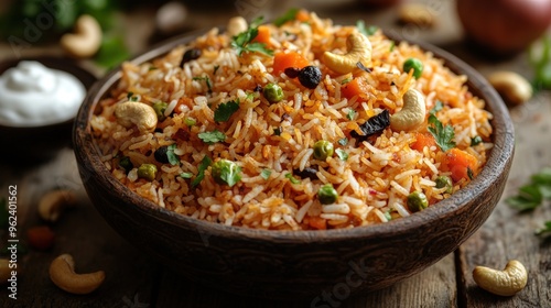 A bowl of fragrant rice with vegetables, cashews, and raisins.