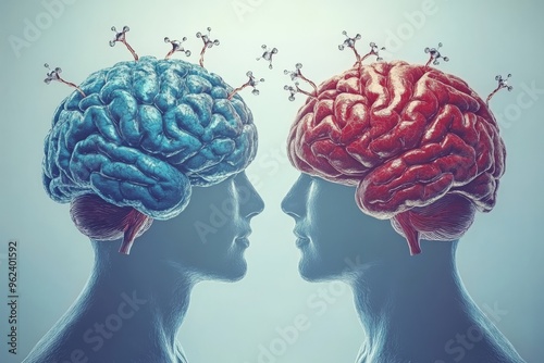 Cognitive function Neural cognition Romantic couple with their heads touching illuminated by a glowing brain overlay representing the connection of thoughts and emotions