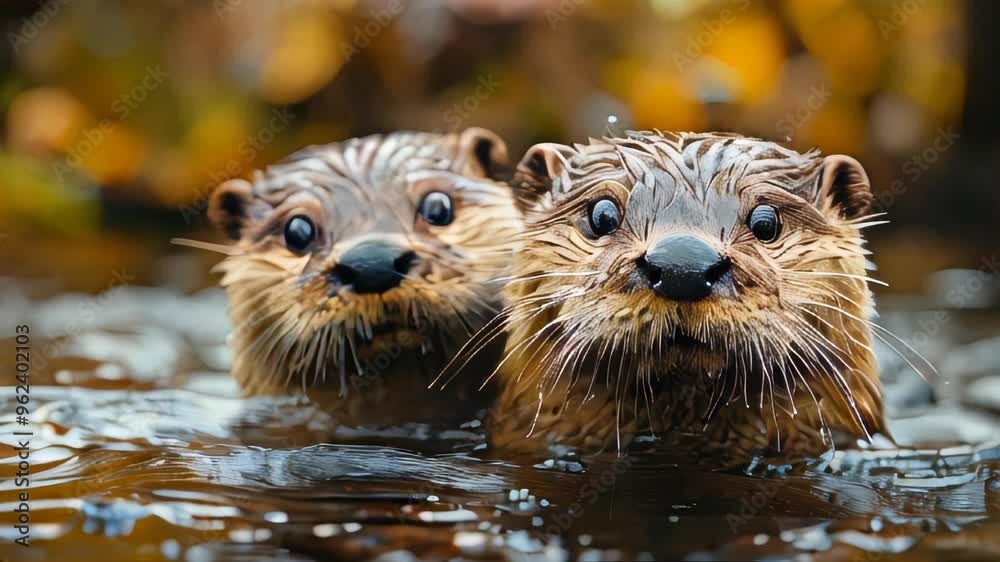 Two curious river otters swimming side by side, their wet fur glistening as they stare towards the camera Two curious river otters swimming side by side, their wet fur glistening as they stare towards the camera