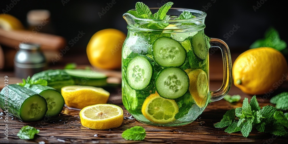 Cucumber and Lemon Infused Water with Mint in a Glass Pitcher Cucumber and Lemon Infused Water with Mint in a Glass Pitcher