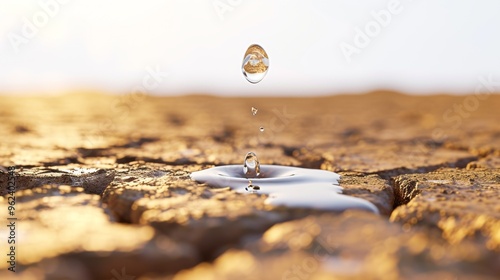 An evocative image of a water droplet falling onto cracked earth during sunset. The warm, golden light highlights the dry soil and the preciousness of water, perfect for themes of climate change and photo