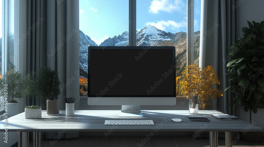 Fototapeta premium A pristine desk featuring a sleek, modern desktop computer with a blank screen, ideal for graphic design mockups, presentations, or showcasing portfolio and website designs