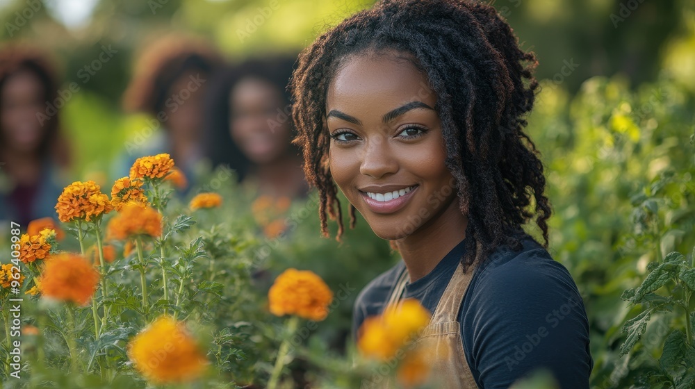 Cinematic Wide-Angle Shot of Black Woman Planting Flowers with Friends in a Sunny Garden – Shallow Depth of Field, Vibrant Colors Cinematic Wide-Angle Shot of Black Woman Planting Flowers with Friends in a Sunny Garden – Shallow Depth of Field, Vibrant Colors