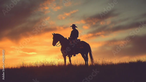 A man on a horse cowboy against sunset on the open range