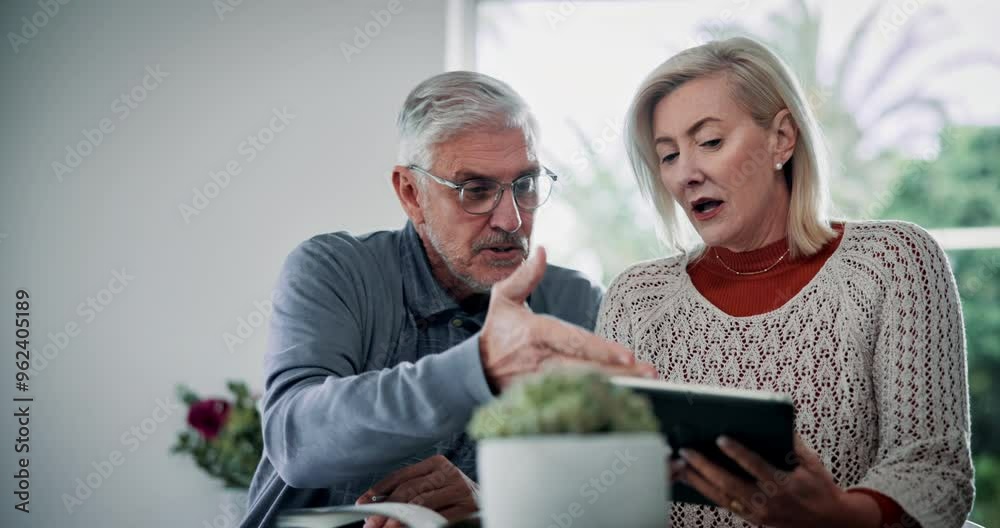 Stress, documents and mature couple on tablet in home for budget, financial review and mortgage payment. Retirement, digital tech and man and woman with bills for insurance, debt and online finance