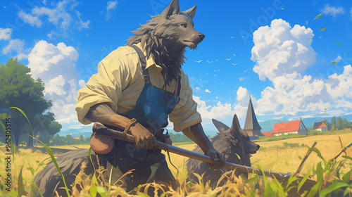 wolf beastfolk farmer working in golden wheat field under clear blue sky with loyal companion in peaceful rural setting photo