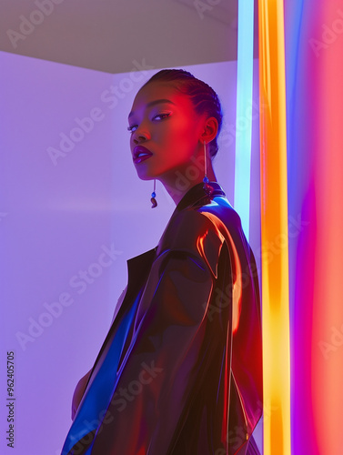 Futuristic portrait of a pretty asian model rocking a neon punk look.