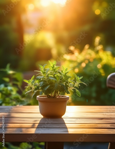 empty garden table - banner of green plants on a rustic wooden table with lush backyard and cozy homey background - ideal for lifestyles and outdoor living themes.Product display template