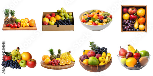 Fruits transparent collection set in png no background in bowl and box for decoration.