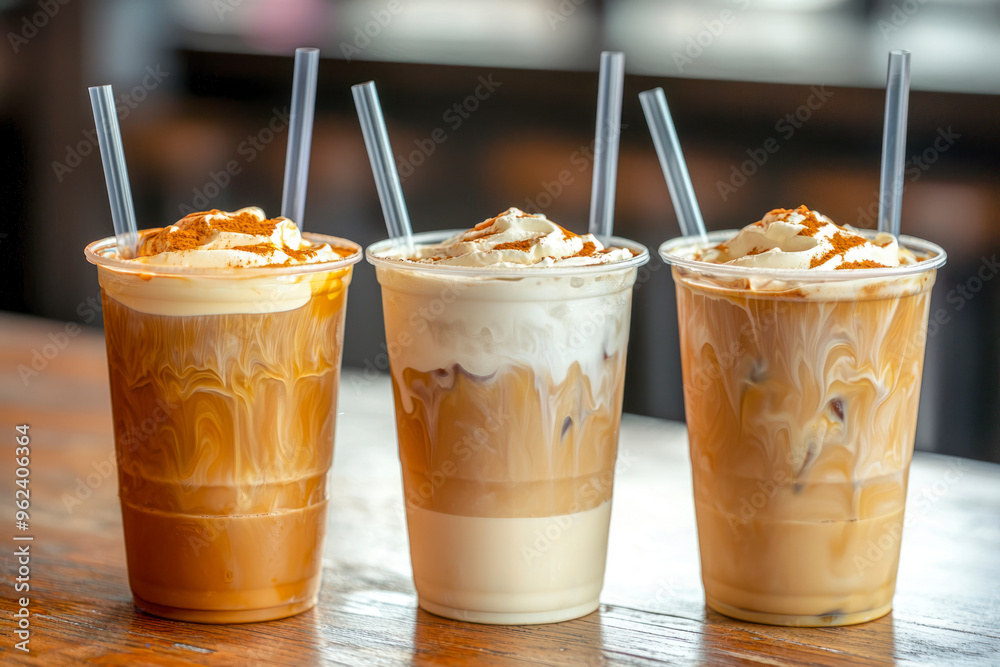 Trio of iced coffee beverages in clear cups with straws, featuring varying levels of milk and cream. Trio of iced coffee beverages in clear cups with straws, featuring varying levels of milk and cream.
