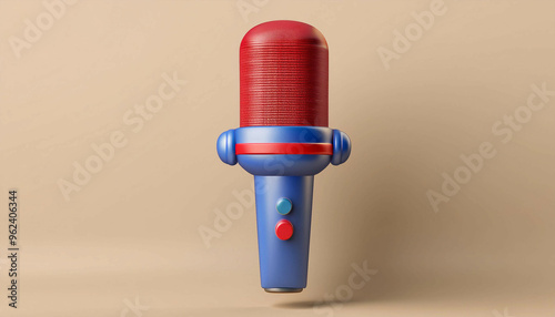 Floating retro-style microphone with a red mesh head and blue body, featuring two buttons in red and green. The microphone is centered against a plain beige background.