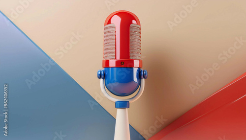 Colorful retro-style microphone with a red, blue, and white design, featuring a glossy metallic mesh head and mounted on a white stand. The background is divided into beige, blue, and red sections.