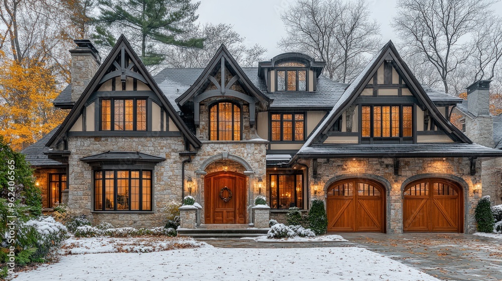 A large, beautiful, and well-maintained stone home with a wooden door and a large driveway covered in snow. A large, beautiful, and well-maintained stone home with a wooden door and a large driveway covered in snow.