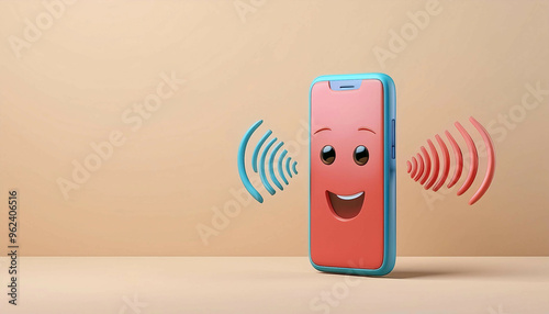 A smartphone with a cheerful face and big eyes on its screen, emitting red and blue sound waves from both sides. The phone is upright on a beige background< copy space on the left