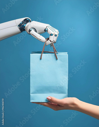 A robotic hand holds a blue shopping bag by the handles, handing it to a human hand below. The background is solid blue, with the focus on the robotic and human interaction.