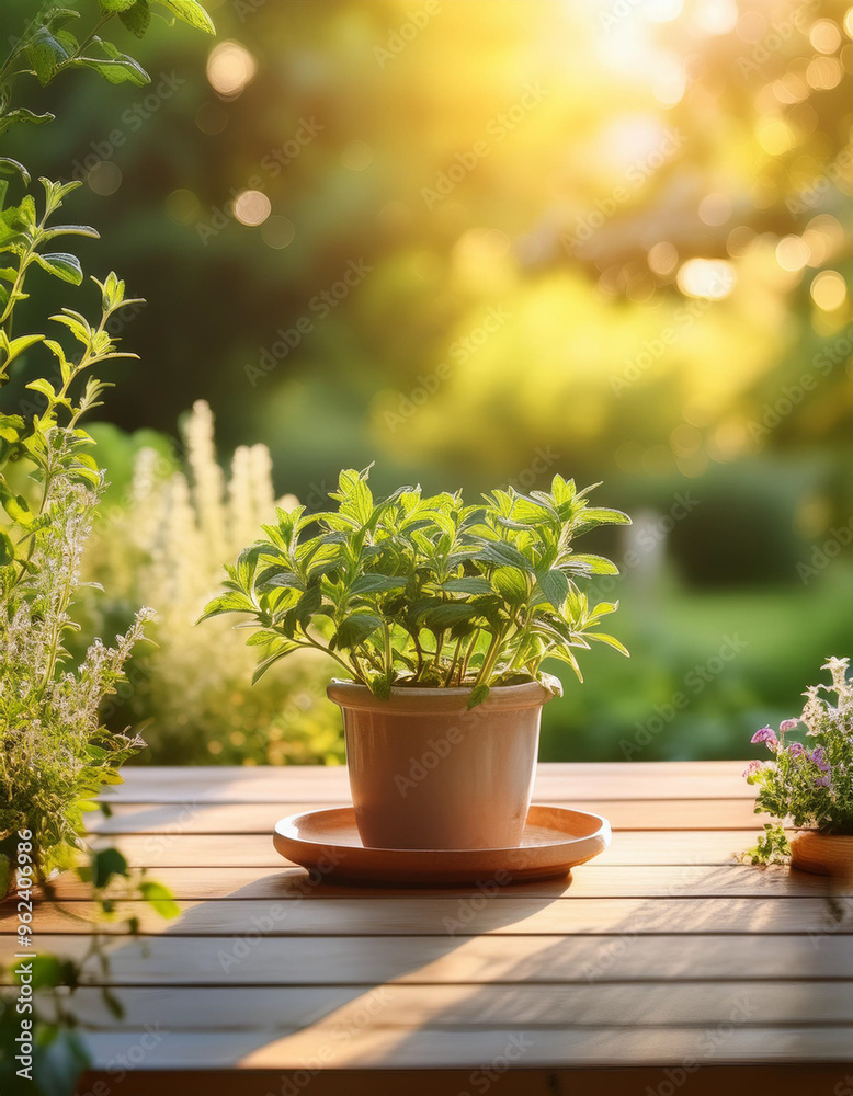 empty garden table - banner of green plants on a rustic wooden table with lush backyard and cozy homey background - ideal for lifestyles and outdoor living themes.Product display template empty garden table - banner of green plants on a rustic wooden table with lush backyard and cozy homey background - ideal for lifestyles and outdoor living themes.Product display template