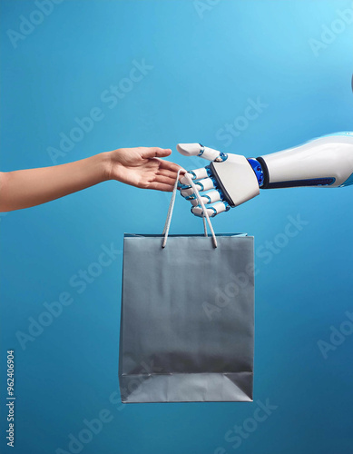 A robotic hand and a human hand are exchanging a gray shopping bag. The robotic hand is on the right, and the human hand is on the left. The background is solid blue.