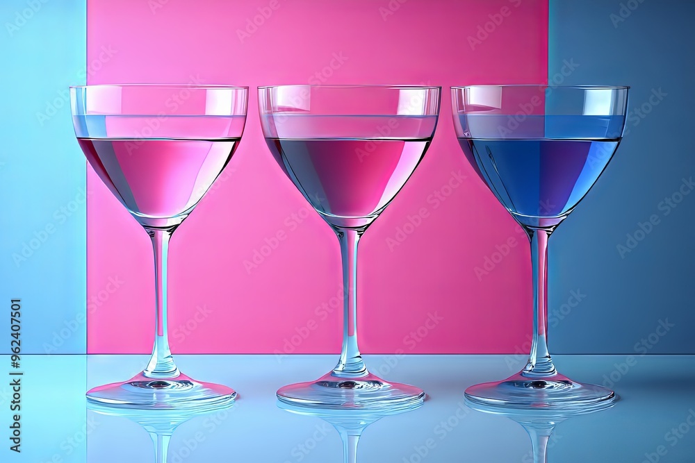 Three elegant glass cups filled with differently colored liquids against a pastel backdrop in bright blue and pink tones. Generative AI Three elegant glass cups filled with differently colored liquids against a pastel backdrop in bright blue and pink tones. Generative AI