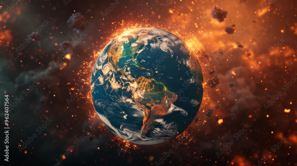 Dramatic depiction of Earth surrounded by fiery explosions and flying asteroids, symbolizing destruction and catastrophe. The intense imagery conveys a powerful message about environmental destruction Dramatic depiction of Earth surrounded by fiery explosions and flying asteroids, symbolizing destruction and catastrophe. The intense imagery conveys a powerful message about environmental destruction