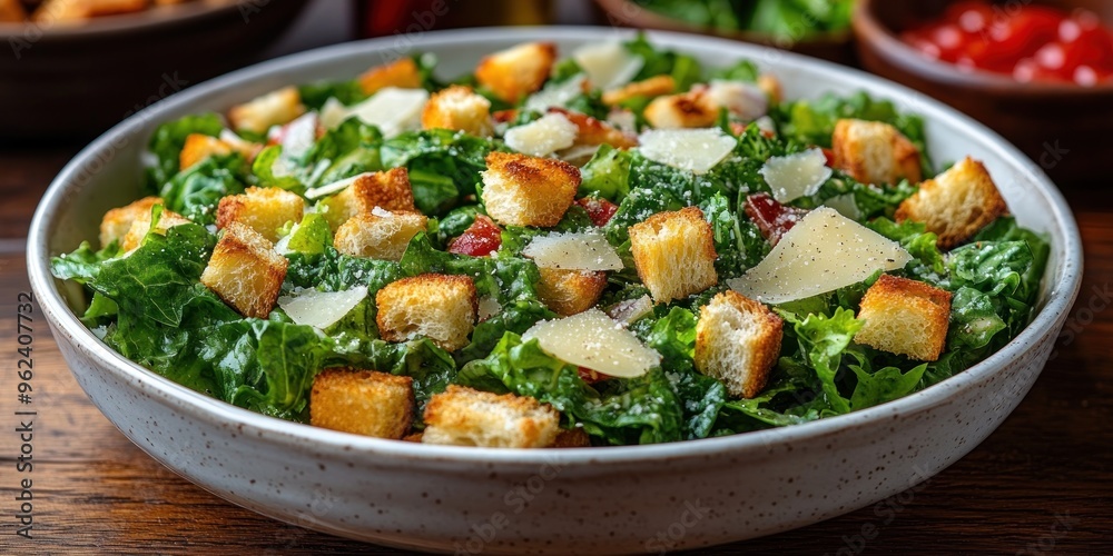 Close-up of a Caesar Salad with Croutons, Parmesan, and Greens in a White Bowl Close-up of a Caesar Salad with Croutons, Parmesan, and Greens in a White Bowl
