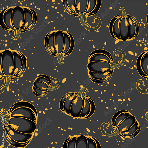 Pumpkin seamless background, vector illustration with contrast painted pumpkins in cartoon style on a dark backdrop
