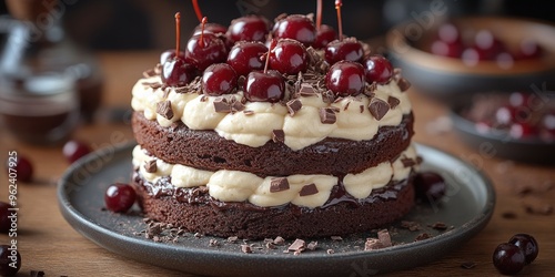 Two-Layer Chocolate Cake Topped with Whipped Cream, Cherries, and Chocolate Shavings photo