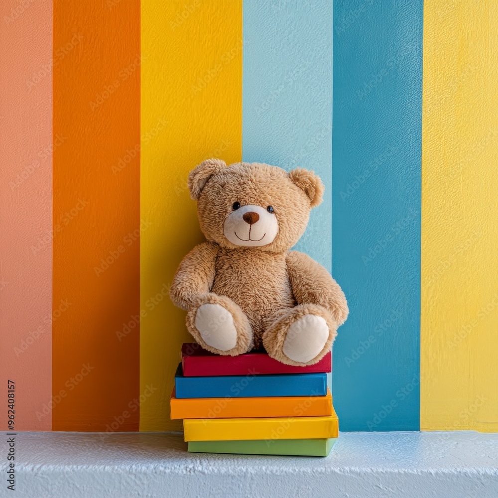 Soft Teddy Bear on Colorful Children's Books for Cozy Reading Time Soft Teddy Bear on Colorful Children's Books for Cozy Reading Time