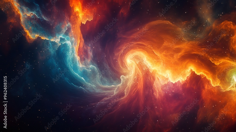 Abstract cosmic nebula with swirling clouds of gas and dust, glowing with vibrant colors and scattered stars. Abstract cosmic nebula with swirling clouds of gas and dust, glowing with vibrant colors and scattered stars.