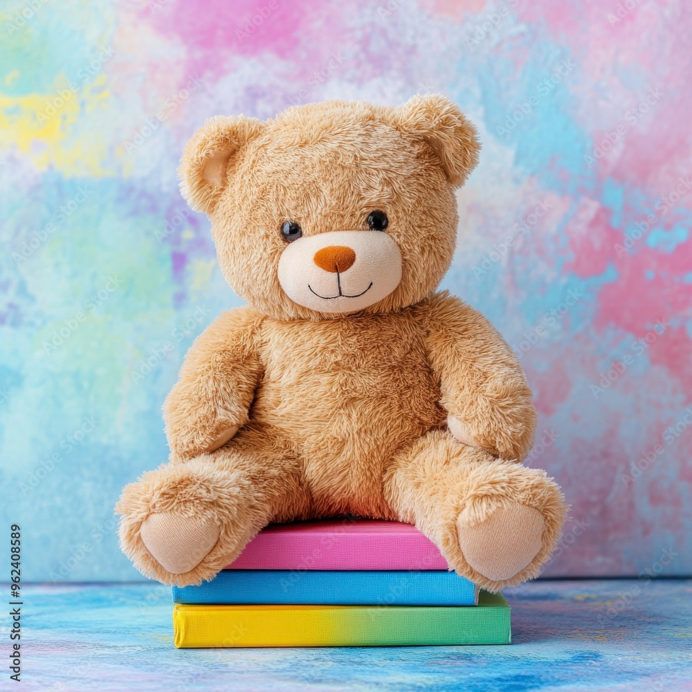 Soft Teddy Bear on Colorful Children's Books for Cozy Reading Time Soft Teddy Bear on Colorful Children's Books for Cozy Reading Time