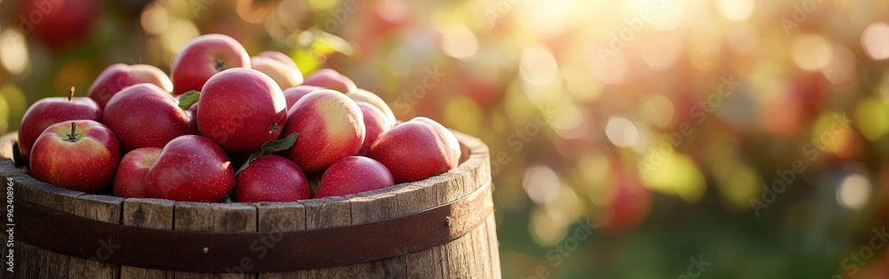 Freshly Harvested Red Apples in a Rustic Wooden Barrel under the Sunlit Orchard Sky Freshly Harvested Red Apples in a Rustic Wooden Barrel under the Sunlit Orchard Sky