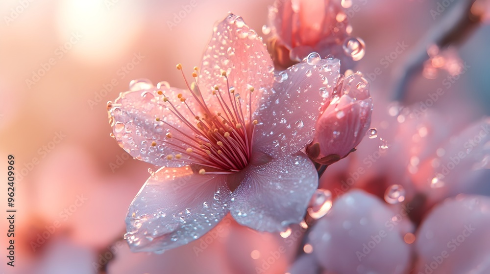 Stunning macro close up of a delicate cherry blossom in full spring bloom showcasing the soft pastel colored petals and serene natural background  This beautiful floral image captures the elegant