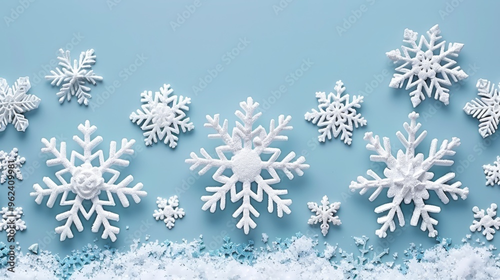 White snowflake decorations arranged on a soft blue background, creating an elegant and minimalist winter holiday design. White snowflake decorations arranged on a soft blue background, creating an elegant and minimalist winter holiday design.