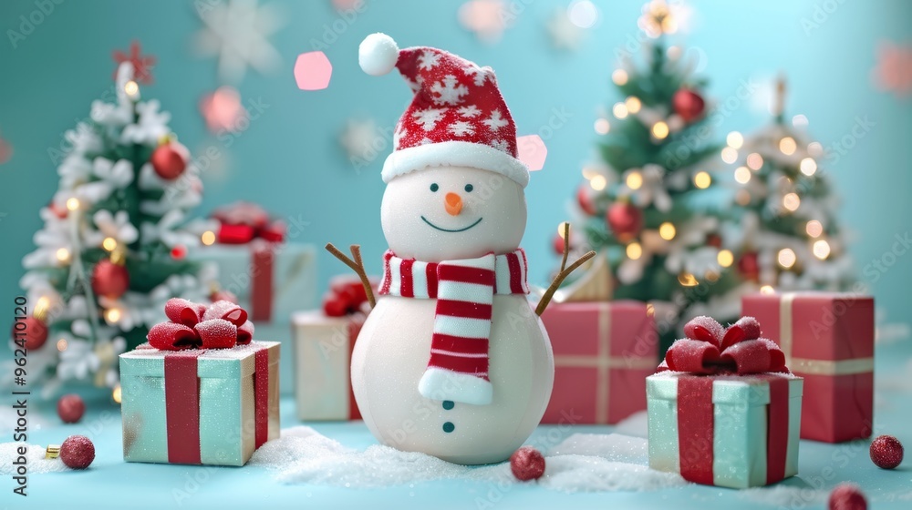 Adorable snowman with a red scarf and hat, surrounded by wrapped gifts and Christmas trees on a snowy backdrop. Adorable snowman with a red scarf and hat, surrounded by wrapped gifts and Christmas trees on a snowy backdrop.