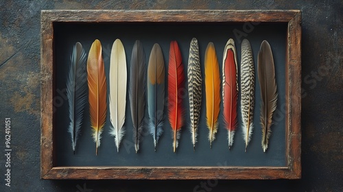 Conceptual arrangement of a diverse collection of bird feathers displayed in a sleek shadow box frame showcasing the natural beauty and elegant patterns of these delicate organic elements photo