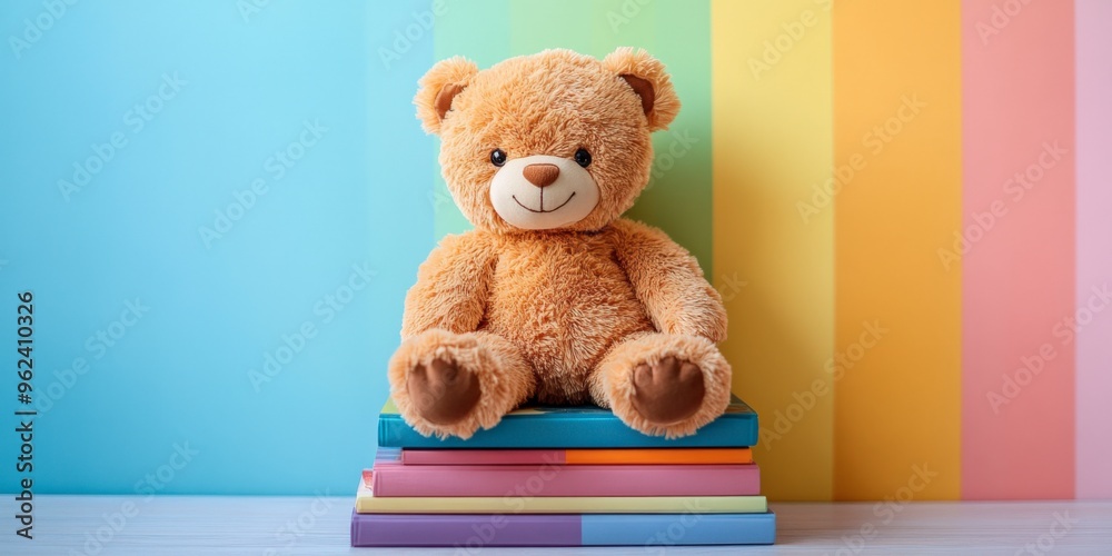 Soft Teddy Bear on Colorful Children's Books for Cozy Reading Time Soft Teddy Bear on Colorful Children's Books for Cozy Reading Time