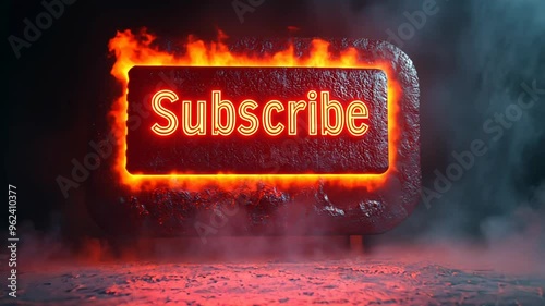 A fiery subscribe button animation on a dark background.