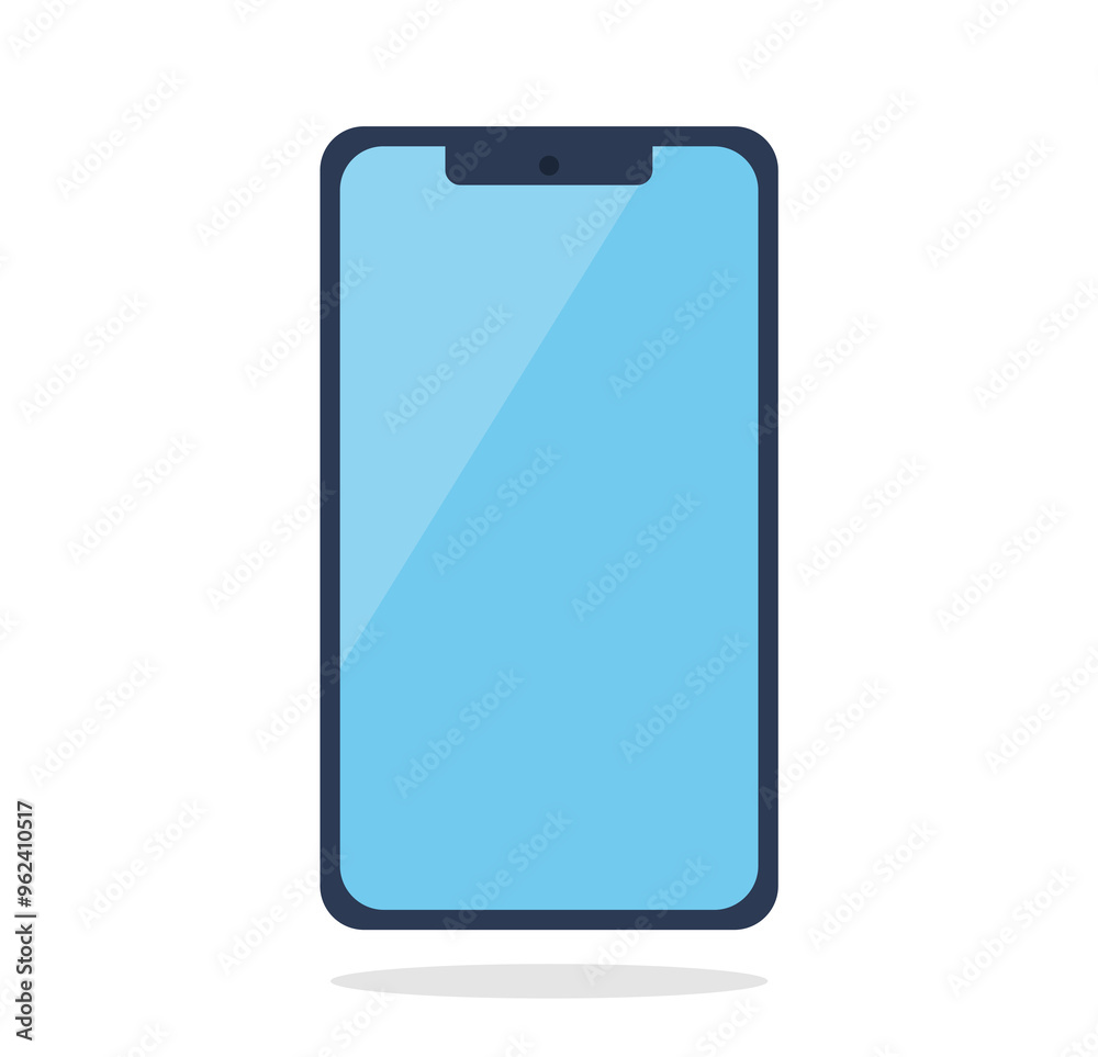 Flat design illustration. Mobile phone front. Black color smartphone with blue screen.