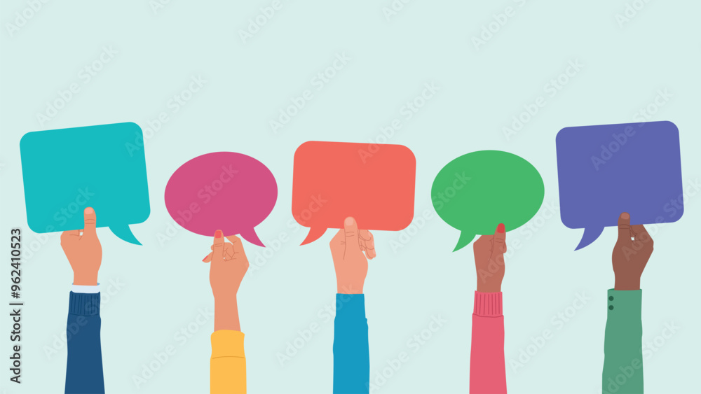 Hands of workers holding conversation bubbles. Employees are men and women of different ethnic backgrounds. Colleagues with different colored clouds. Flat design vector. Hands of workers holding conversation bubbles. Employees are men and women of different ethnic backgrounds. Colleagues with different colored clouds. Flat design vector.