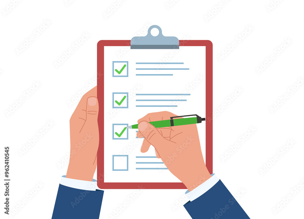 Flat design illustartion. One hand holding a checklist and the other holding a pen and filling it out. Businessman filling out a survey. All answers marked correctly. Flat design illustartion. One hand holding a checklist and the other holding a pen and filling it out. Businessman filling out a survey. All answers marked correctly.