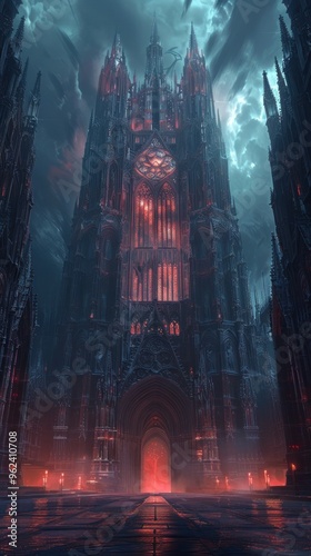 Dramatic and Mystical Fantasy Cathedral Towering in a Gloomy Stormy Landscape with Billowing Clouds and Ethereal Lighting An Epic Cinematic Fantasy Scene