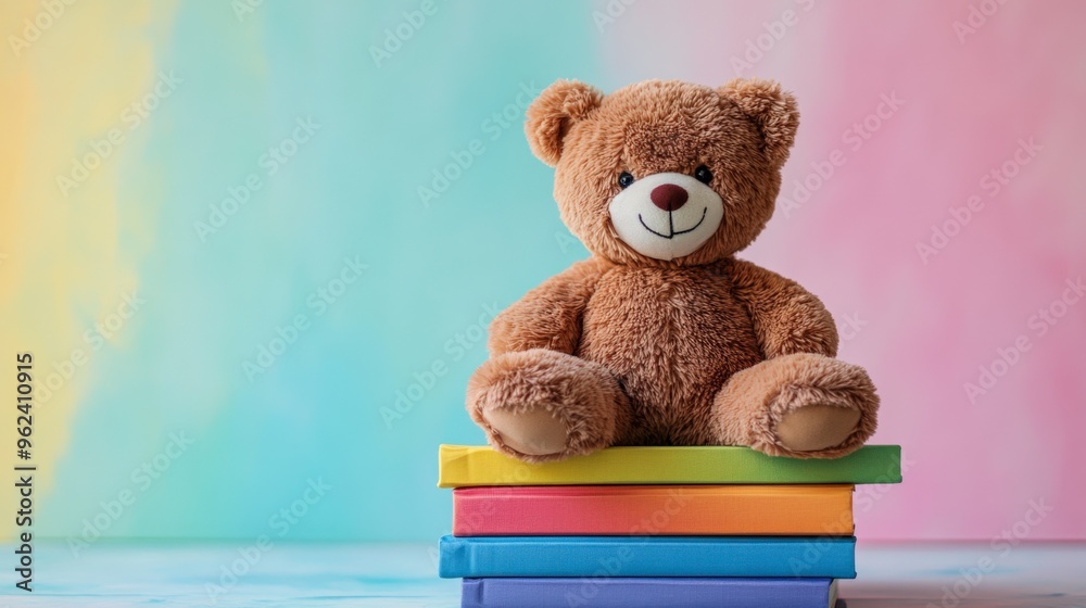 Soft Teddy Bear on Colorful Children's Books for Cozy Reading Time Soft Teddy Bear on Colorful Children's Books for Cozy Reading Time