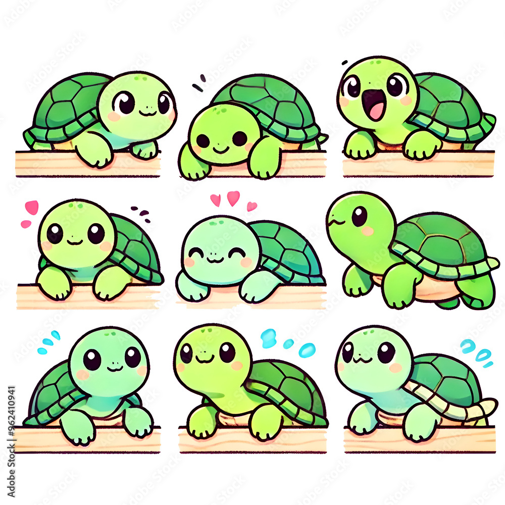 Obraz premium Cute playful turtles cartoon illustrations with various expressions on transparent background, logo characters for prints 